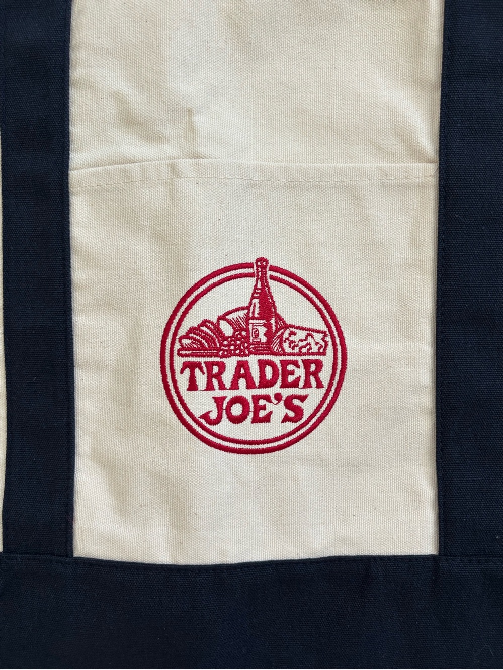 Trader Joe’s Large Canvas Tote Bag Cream and Navy Blue NWT - Picture 6 of 14